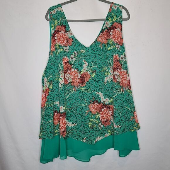 5X 28W Torrid Green Floral Chiffon Tank Double Layer V Neck Woven Georgette - Picture 2 of 7
